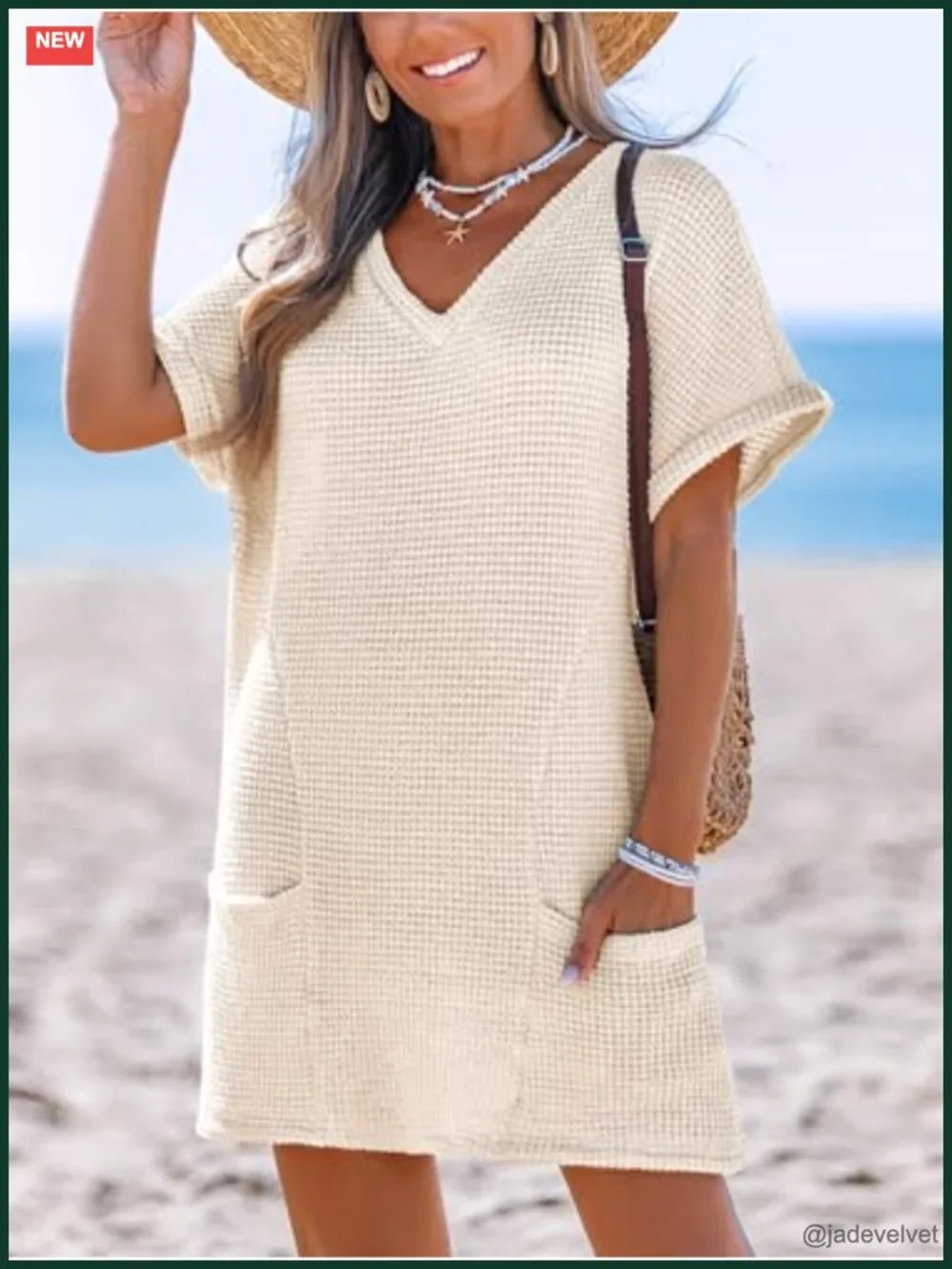 Waffle Knit V Neck Short Sleeve Beach Coverup Dress with Pockets